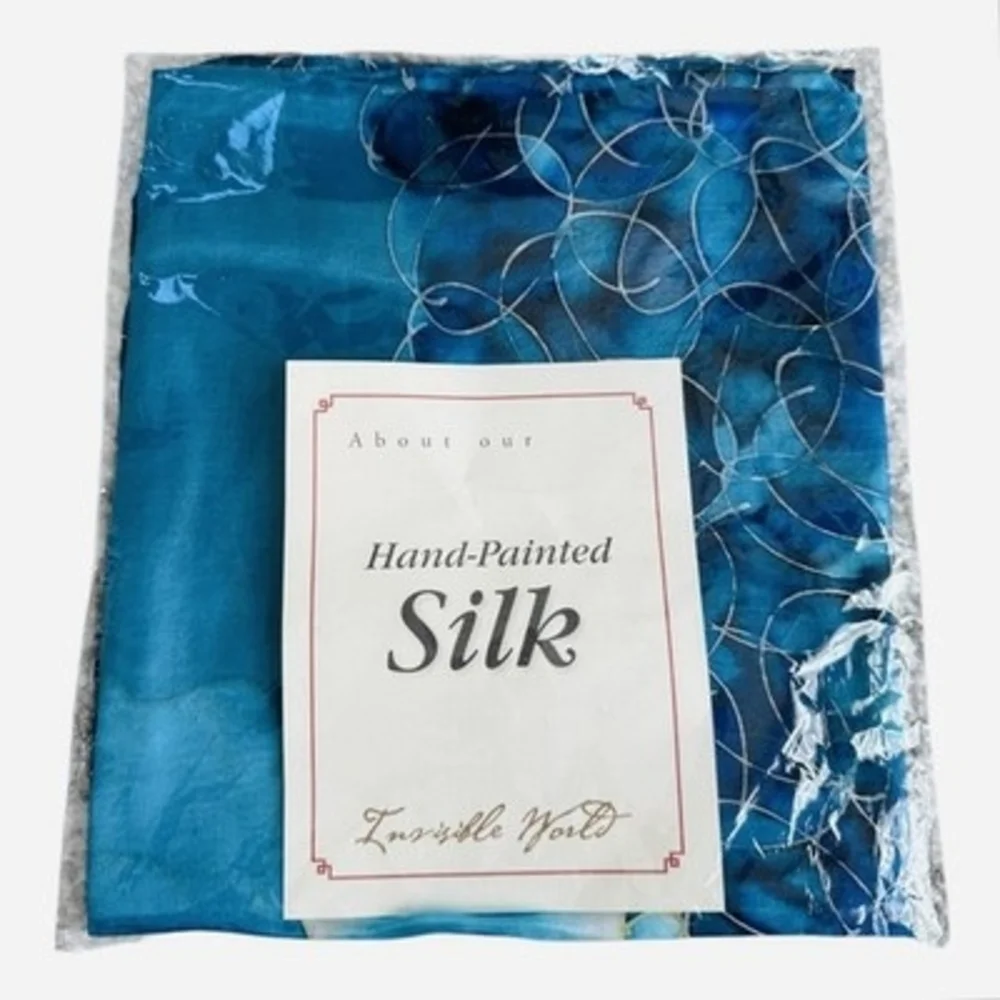 Invisible World Women's 100% Silk Hand Painted Floral Scarf Blue 16”x54” New